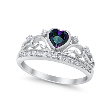 Heart Crown Ring Eternity Simulated Rainbow CZ 925 Sterling Silver